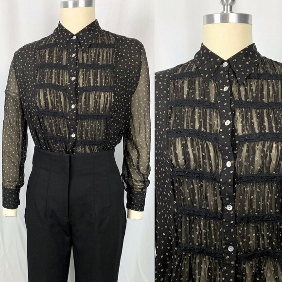 Vintage Y2K Edward elaborate sheer silk dandy ruffle black collar blouse large - Picture 1 of 5